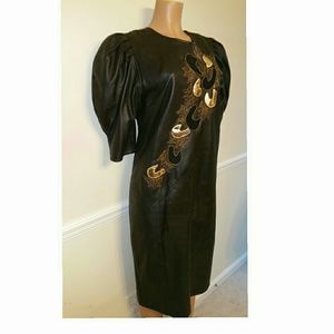 Vintage Black Leather Dress with Gold design